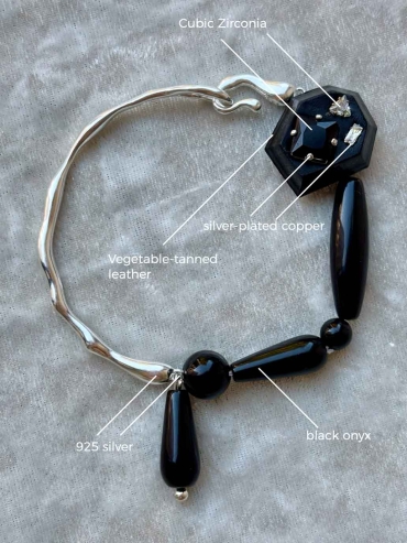 Black Silver Flow Hand-Cut Leather Gemstone Bracelet