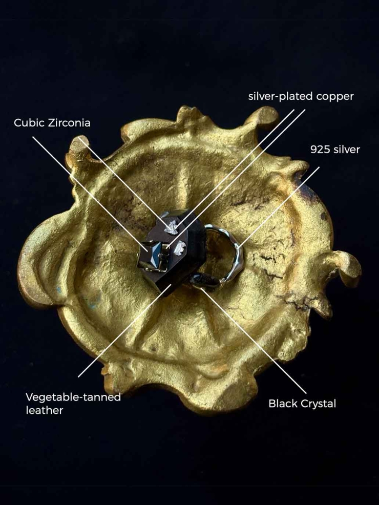 Black Handcrafted Faceted Leather Zircon & Black Crystal Ring