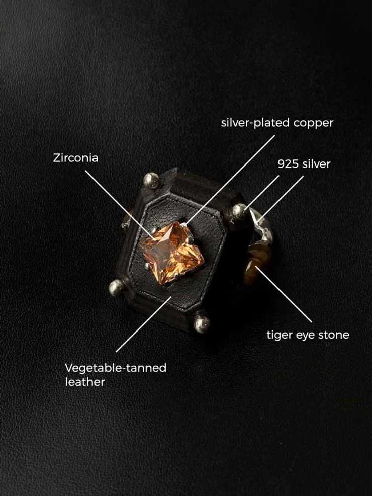 Black Handcrafted  Faceted Leather Zircon & Silver Bead Ring