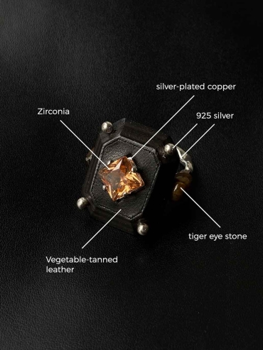 Black Handcrafted  Faceted Leather Zircon & Silver Bead Ring