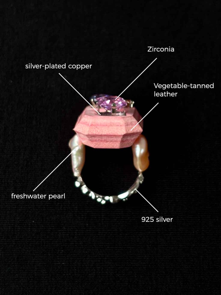 Pink Handcrafted Faceted Leather Zircon&Pearl Ring