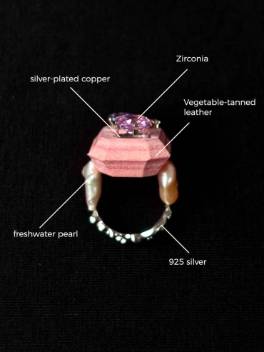 Pink Handcrafted Faceted Leather Zircon&Pearl Ring