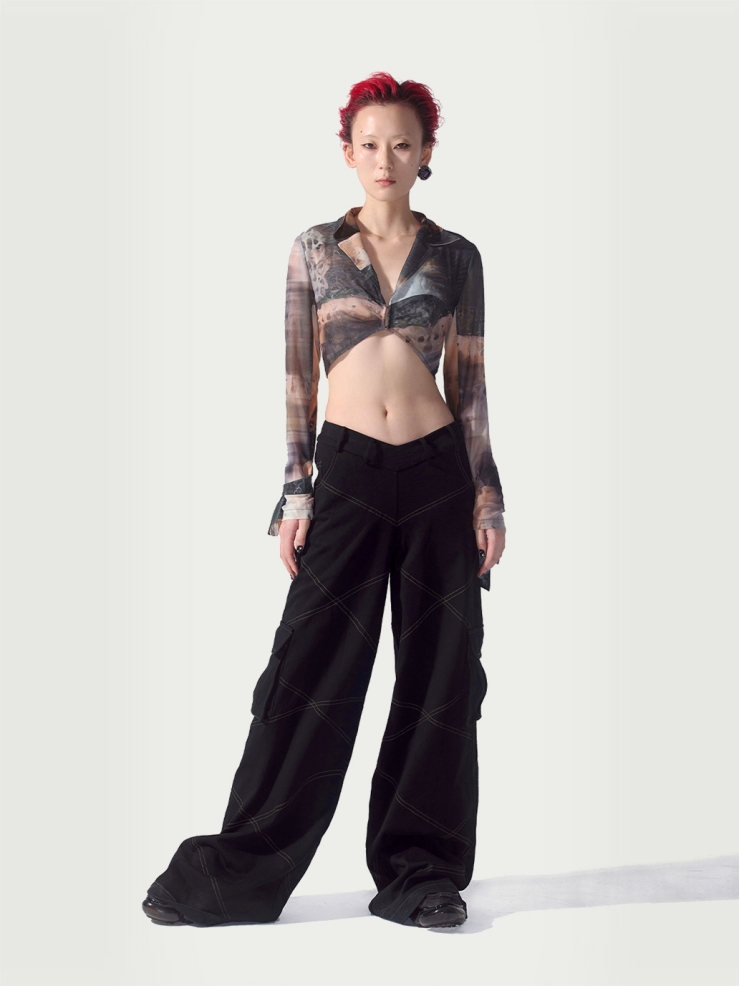 "Terrarium" long-sleeve tulle cropped top