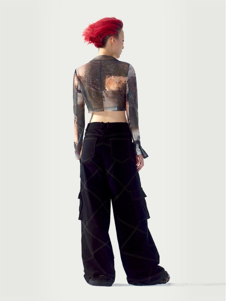 "Terrarium" long-sleeve tulle cropped top