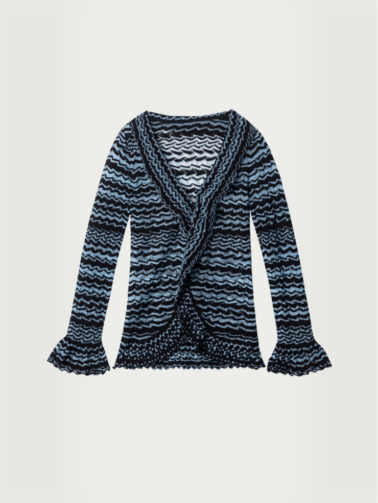 Blue glass yarn striped ruffle cardigan