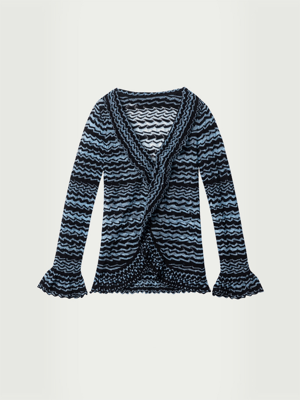 Blue glass yarn striped ruffle cardigan