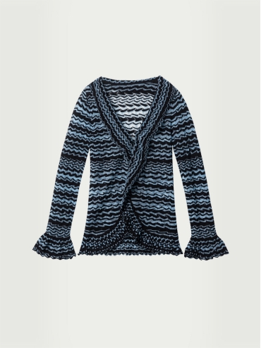 Blue glass yarn striped ruffle cardigan