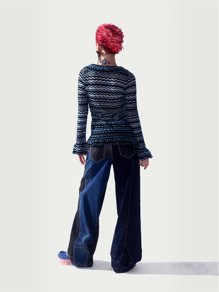 Blue glass yarn striped ruffle cardigan