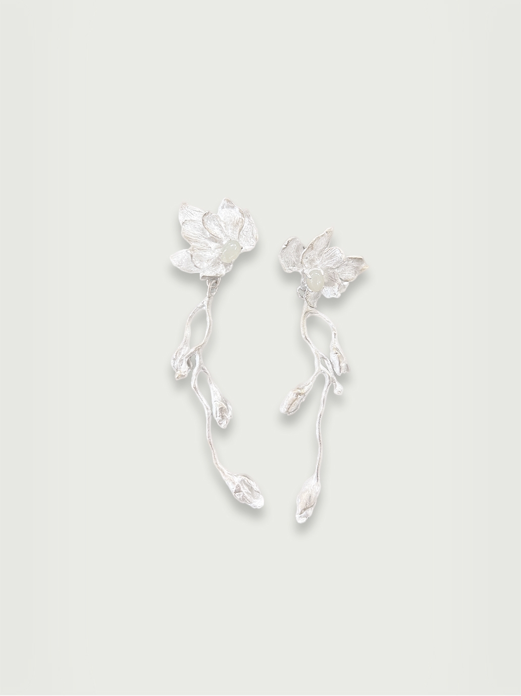 White magnolia earrings with jade