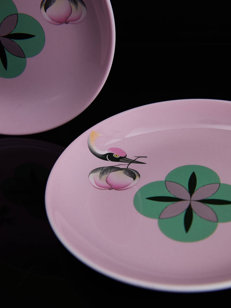 Pink crane and peach plate（set-2pcs）