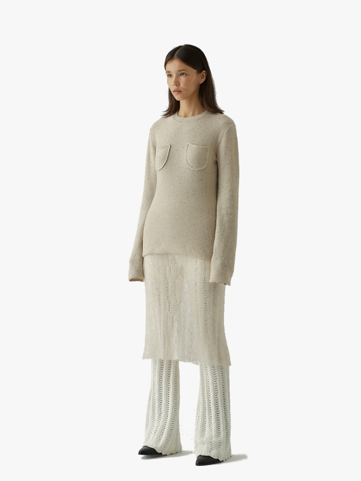 SWAYING Light Apricot Striped Eyelet Straight Pants
