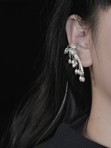 Silver butterfly ear clip with beads - single