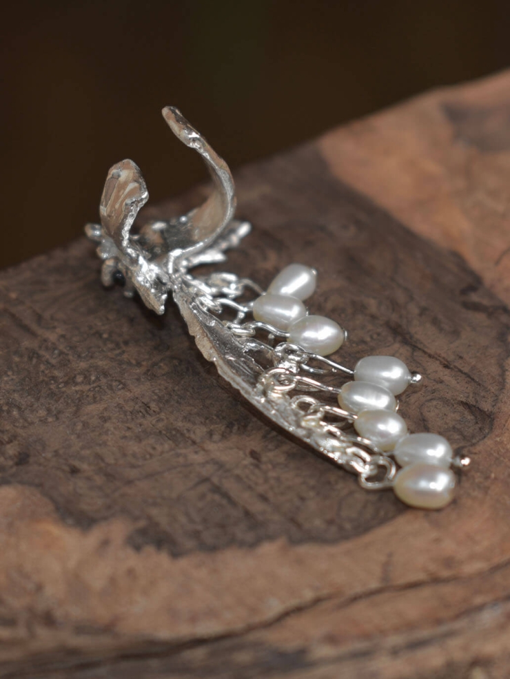 Silver butterfly ear clip with beads - single