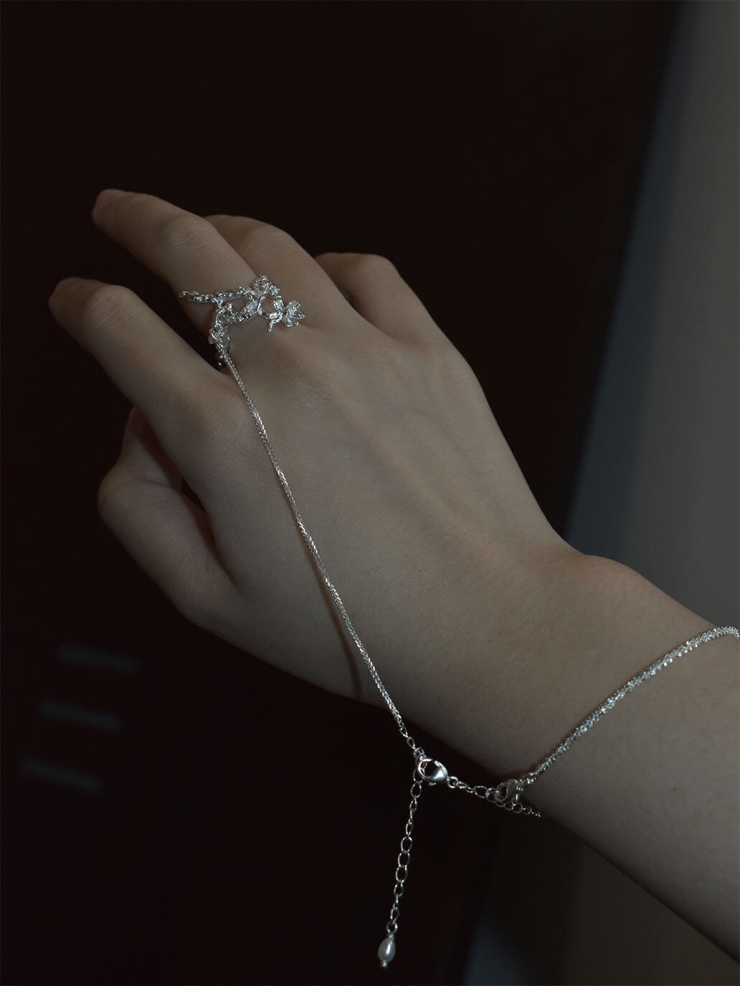 Silver flowering branch ring and bracelet - set