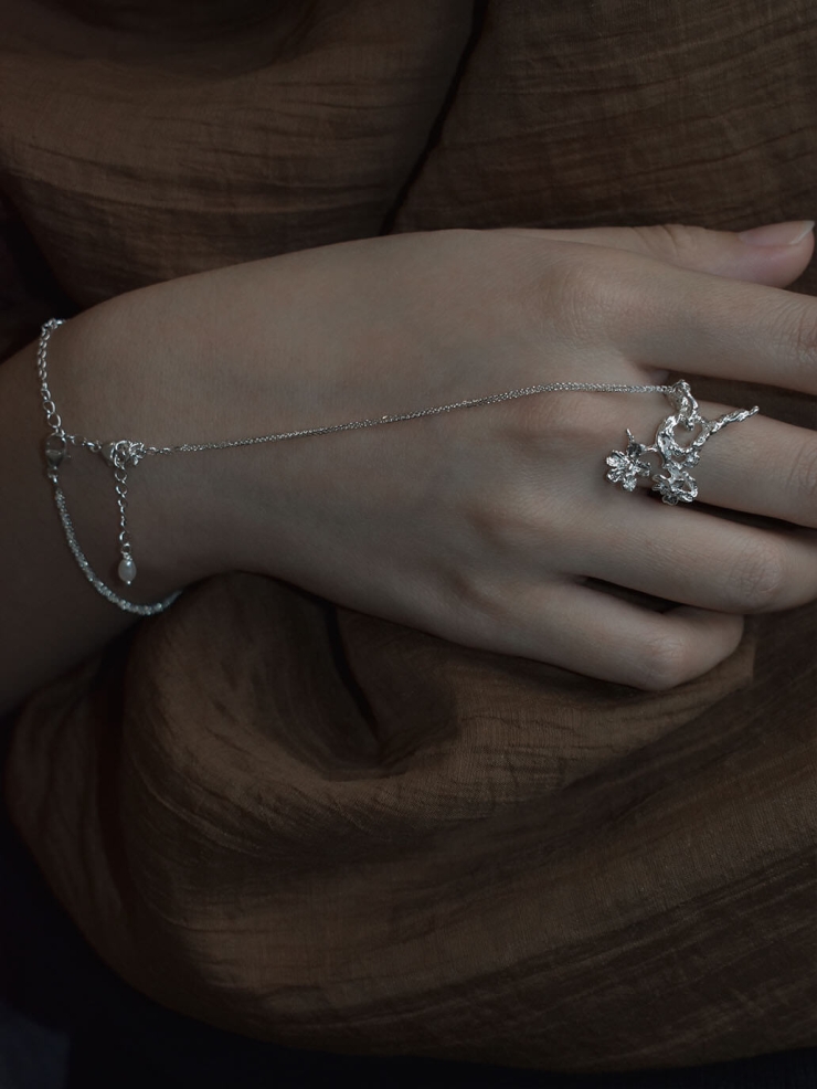 Silver flowering branch ring and bracelet - set