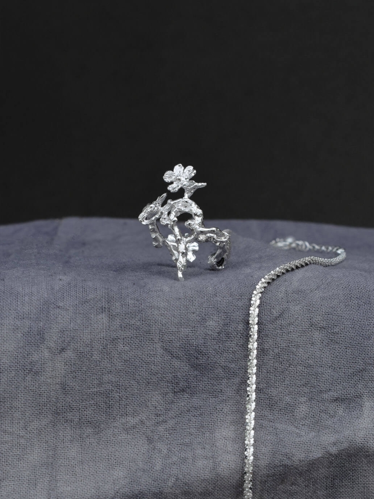 Silver flowering branch ring and bracelet - set