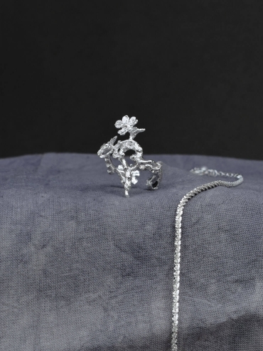 Silver flowering branch ring and bracelet - set
