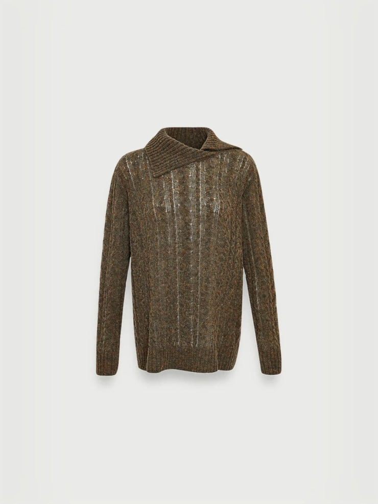 Olive bouclé wool blend cable knitted jumper