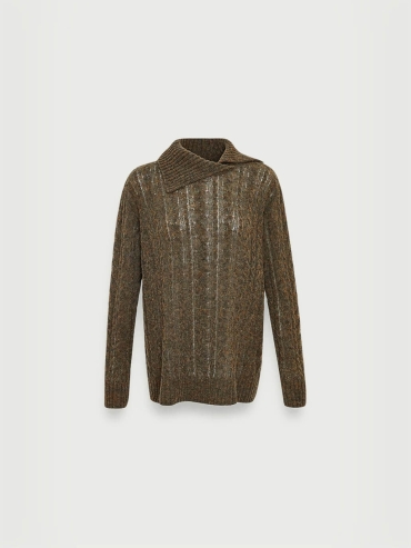 Olive bouclé wool blend cable knitted jumper