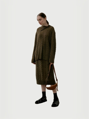 Olive bouclé wool blend cable knitted jumper