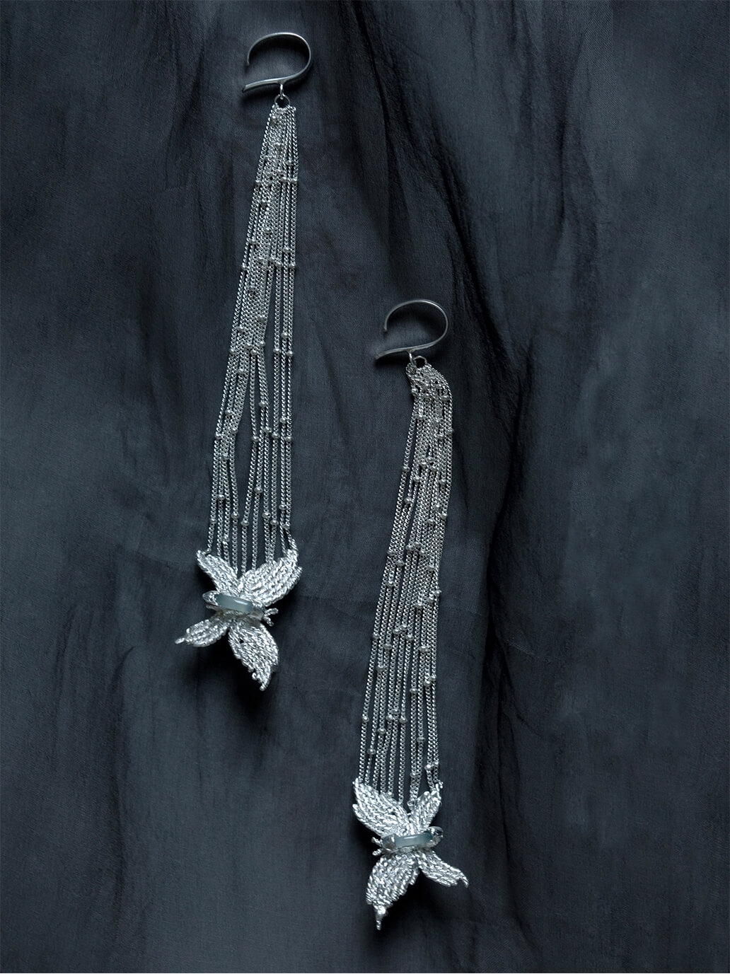 Silver white cascade butterfly earring and ear clip combination-single