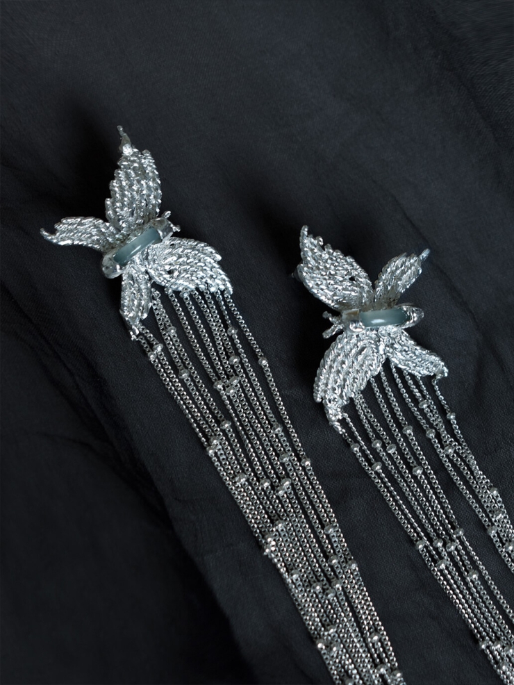 Silver white cascade butterfly earring and ear clip combination-single