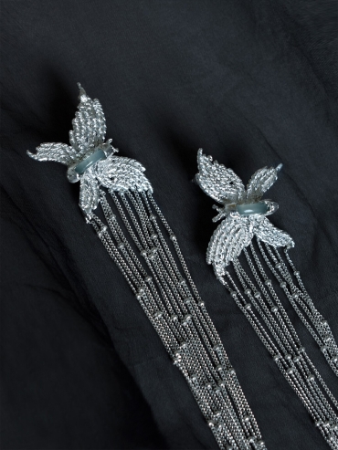 Silver white cascade butterfly earring and ear clip combination-single
