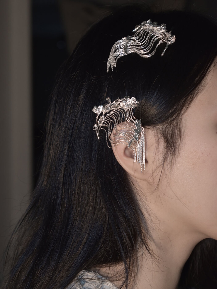 Silver curved water flower spring hairpin side clip-single