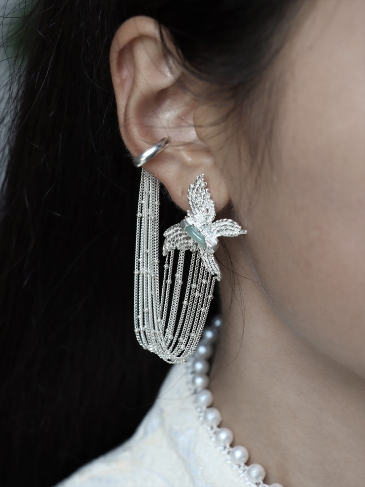 Silver white cascade butterfly earring and ear clip combination-single