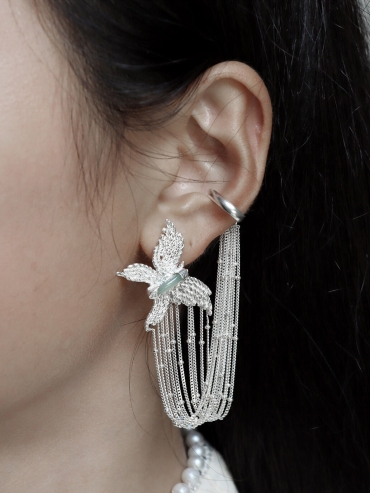 Silver white cascade butterfly earring and ear clip combination-single