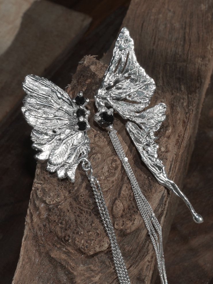 Silver male butterfly earring - single