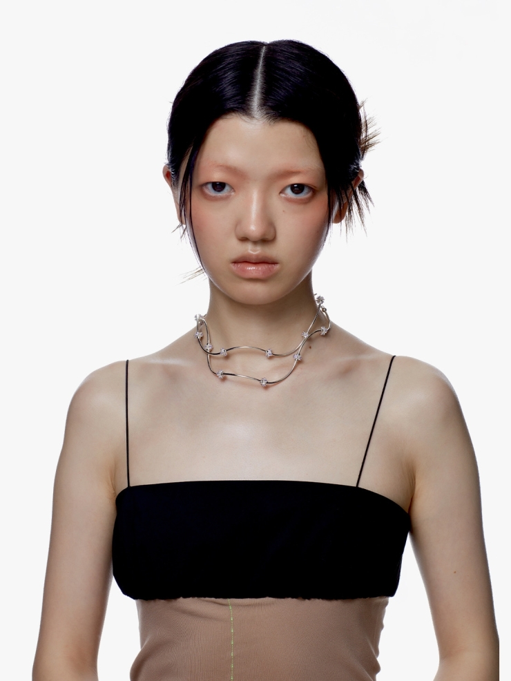 YVMIN Curved Silver Gemstone Bead Necklace