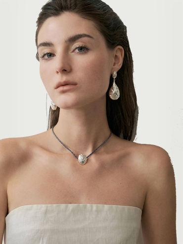 White Pleated Shell Drop Stud Earrings