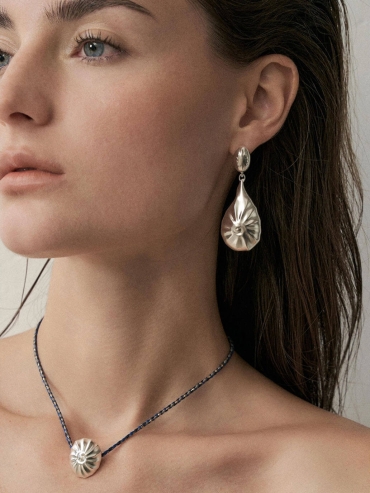 White Pleated Shell Drop Stud Earrings