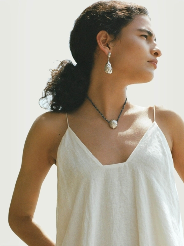 White Pleated Shell Drop Stud Earrings